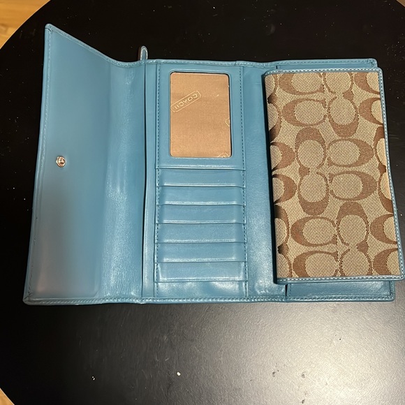 COACH HAMPTON SIGNATURE JACQUARD KHAKI/BROWN SATCHEL WITH TEAL LEATHER TRIM - Picture 6 of 12